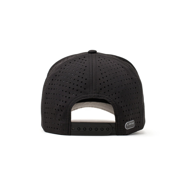 Back view of a black performance hat with an adjustable strap and breathable mesh back, providing a secure and comfortable fit.