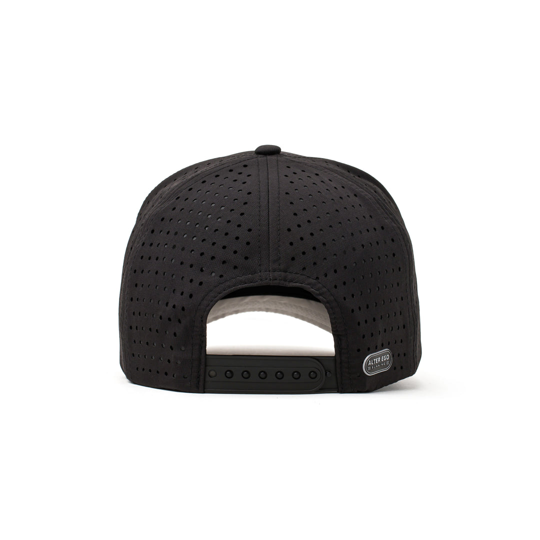 Back view of a black performance hat with an adjustable strap and breathable mesh back, providing a secure and comfortable fit.
