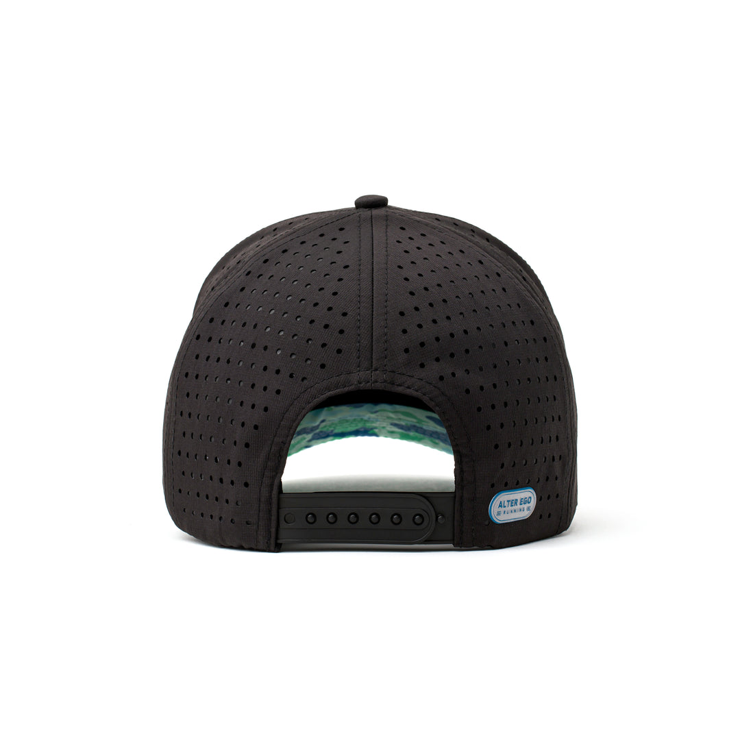 Rear view of a black performance cap showcasing breathable camo mesh fabric and a secure adjustable strap for all-day comfort.