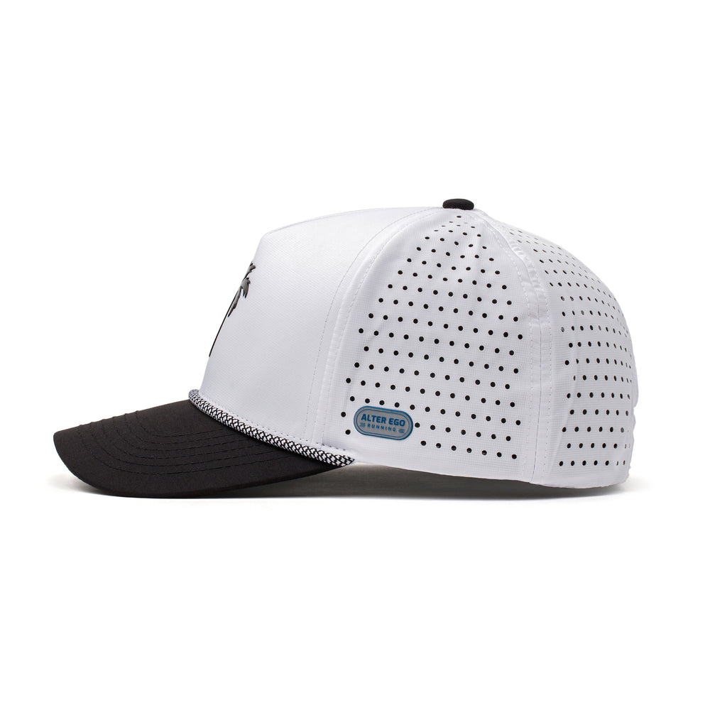 Side view of a white and black performance hat featuring a black palm tree logo and curved brim, offering lightweight comfort and sweat-wicking fabric.